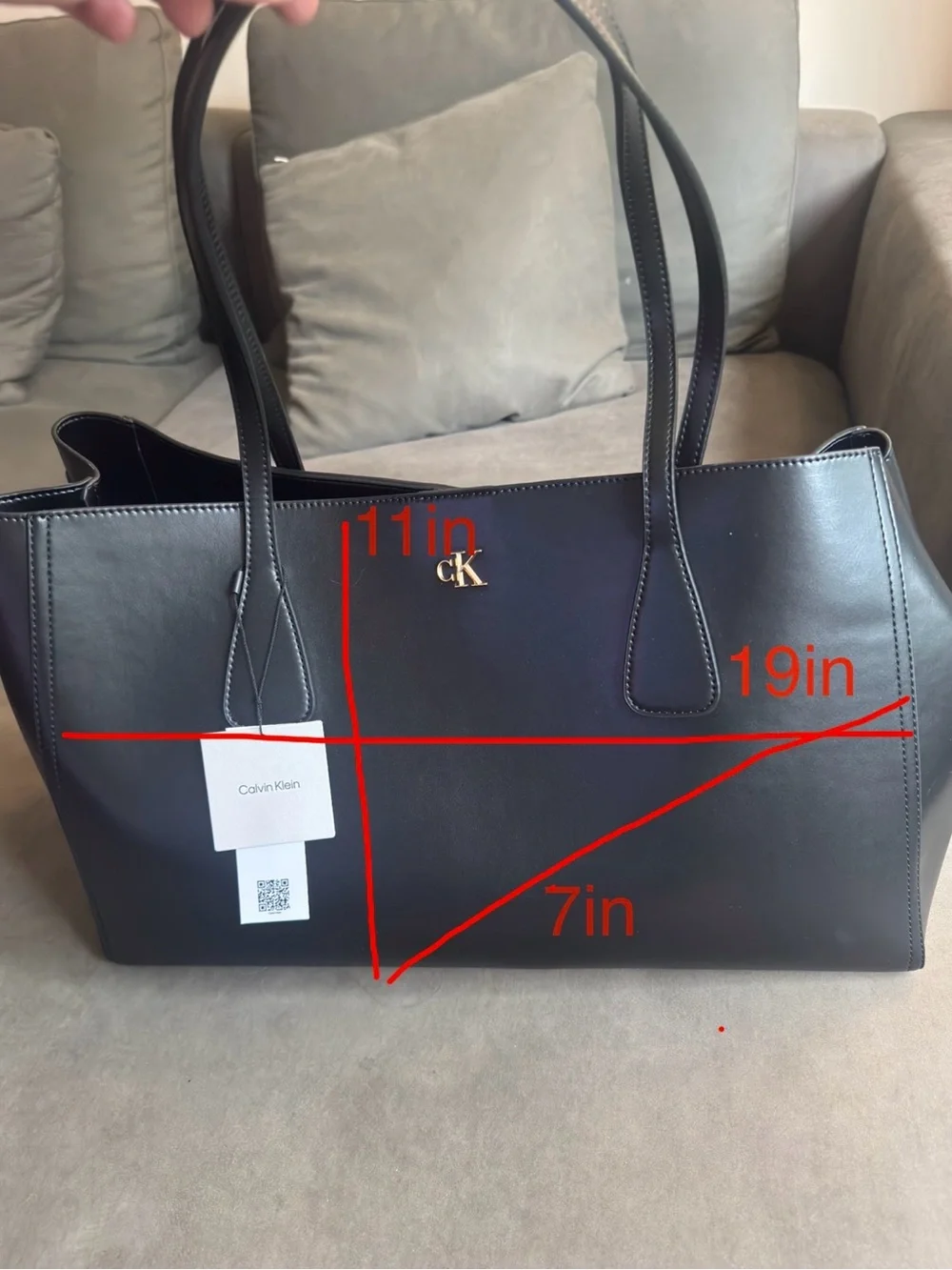 Calvin Klein Black Leather Shoulder Tote with Gold Logo